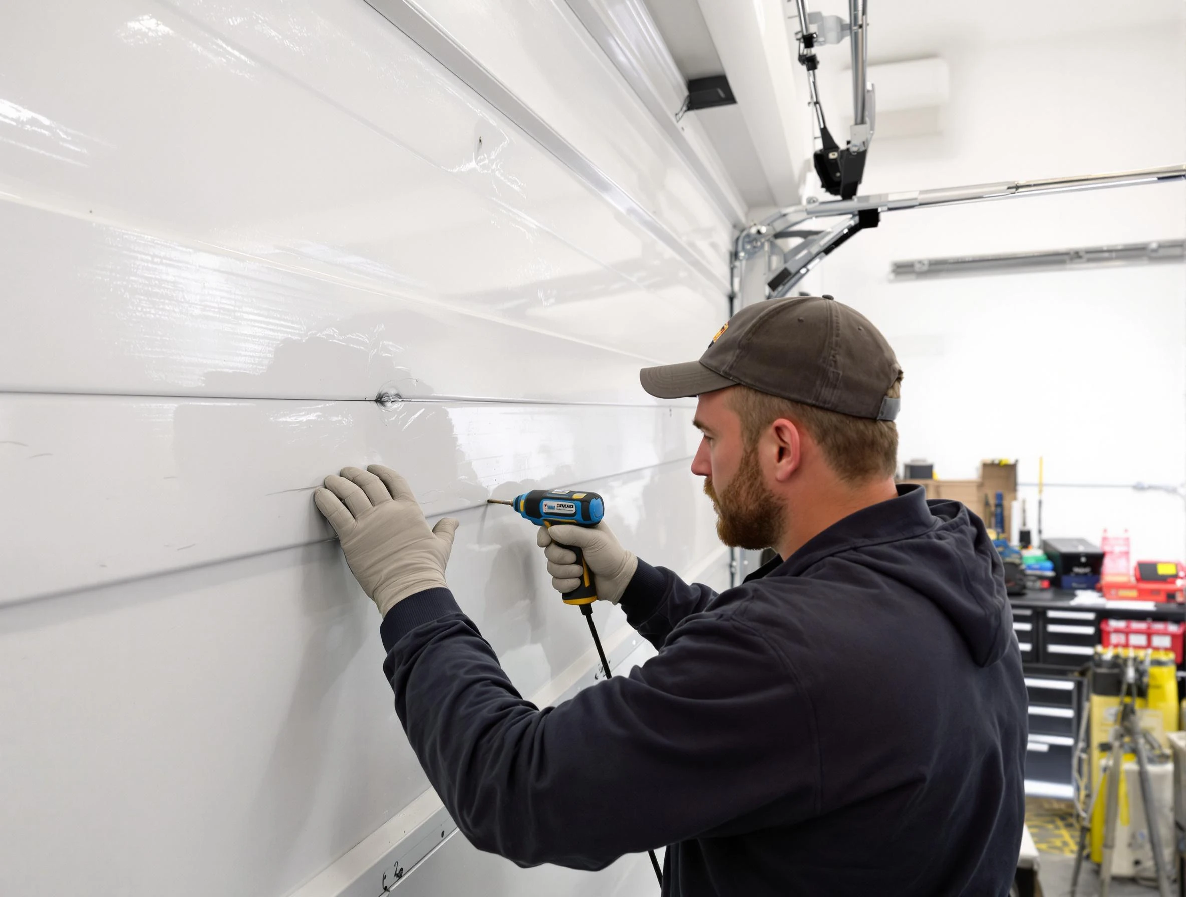 Hapeville Garage Door Repair technician demonstrating precision dent removal techniques on a Hapeville garage door